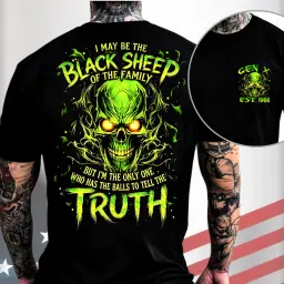 Gen X Custom Birth Year Skull Shirt – Black Sheep Of The Family But I'm The Only One Who Has The Balls To Tell The Truth Graphic Tee thumbnail 1