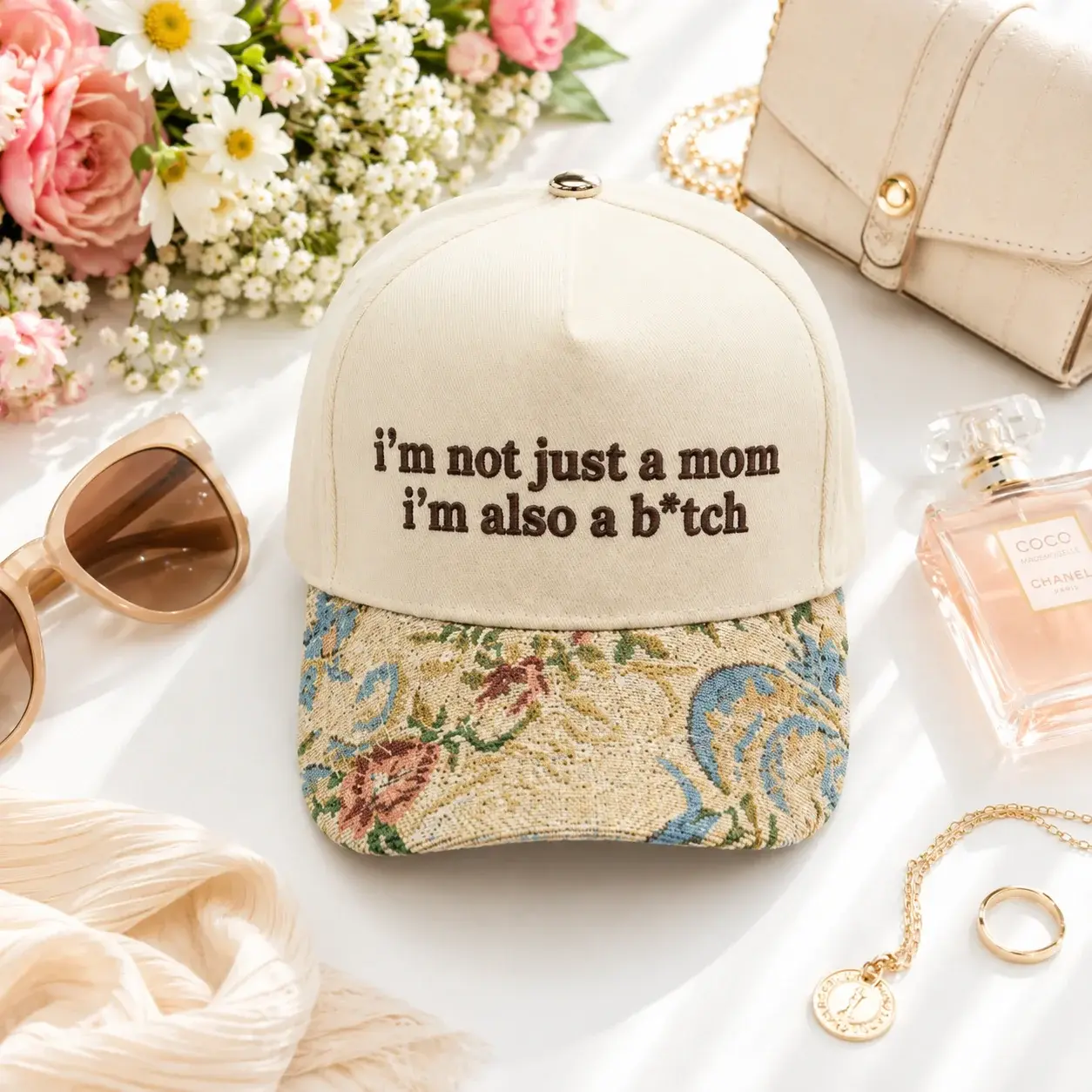 Funny Floral Brim Mom Quote Cap