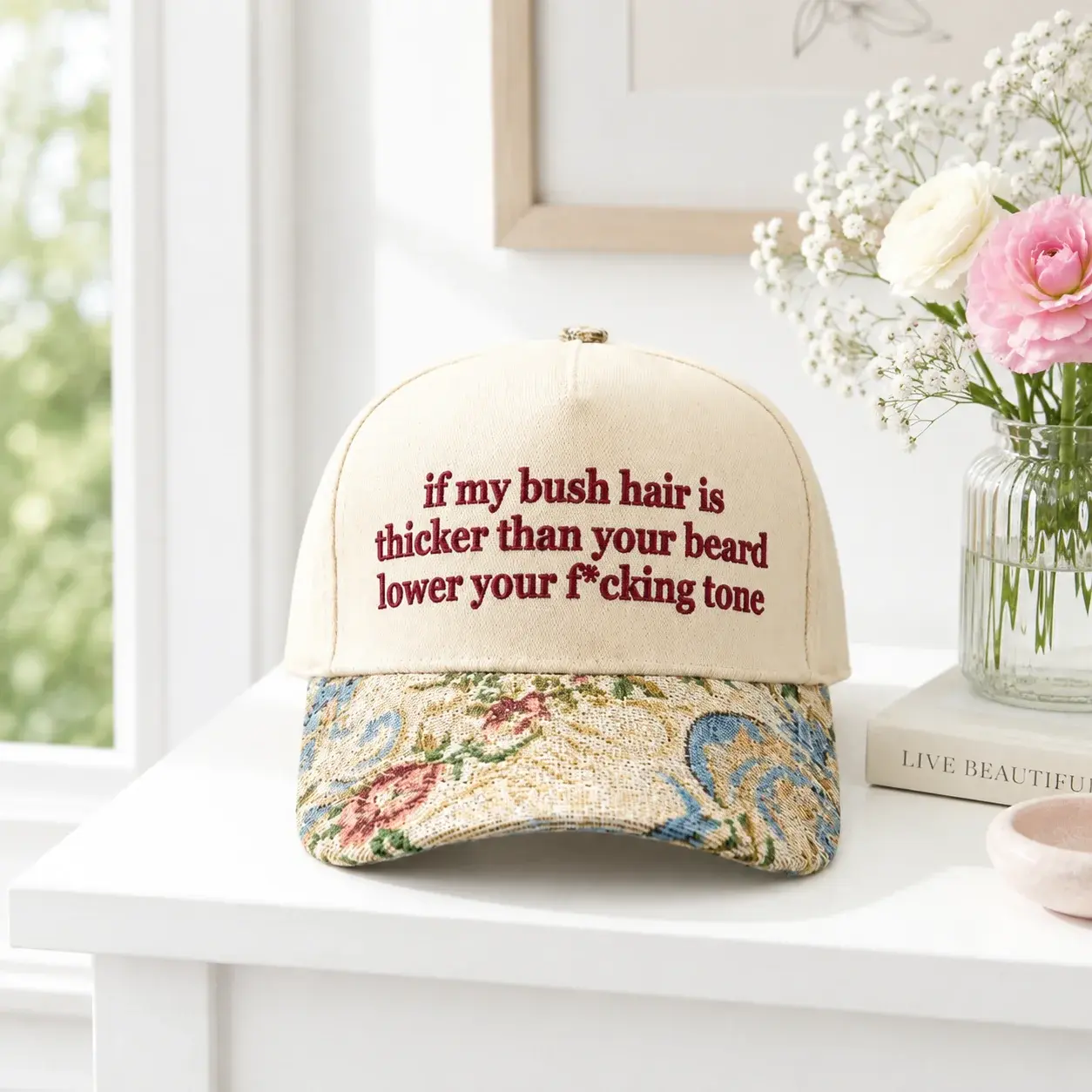 Floral Bush Hair Feminist Quote Cap