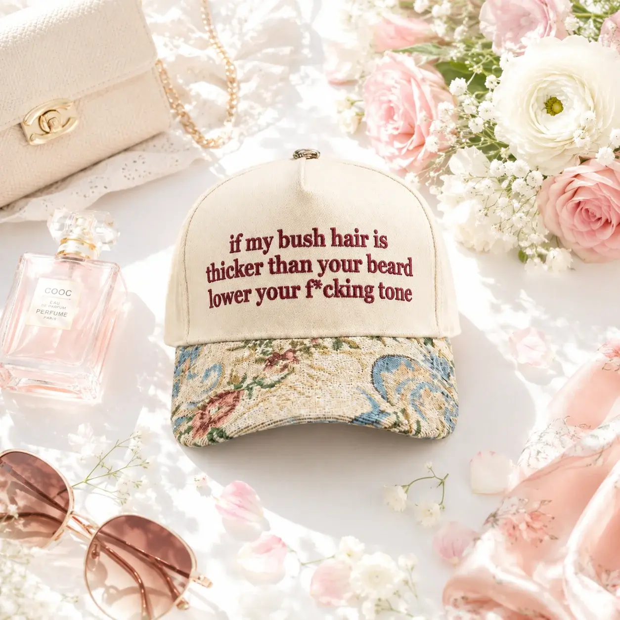 Floral Bush Hair Feminist Quote Cap