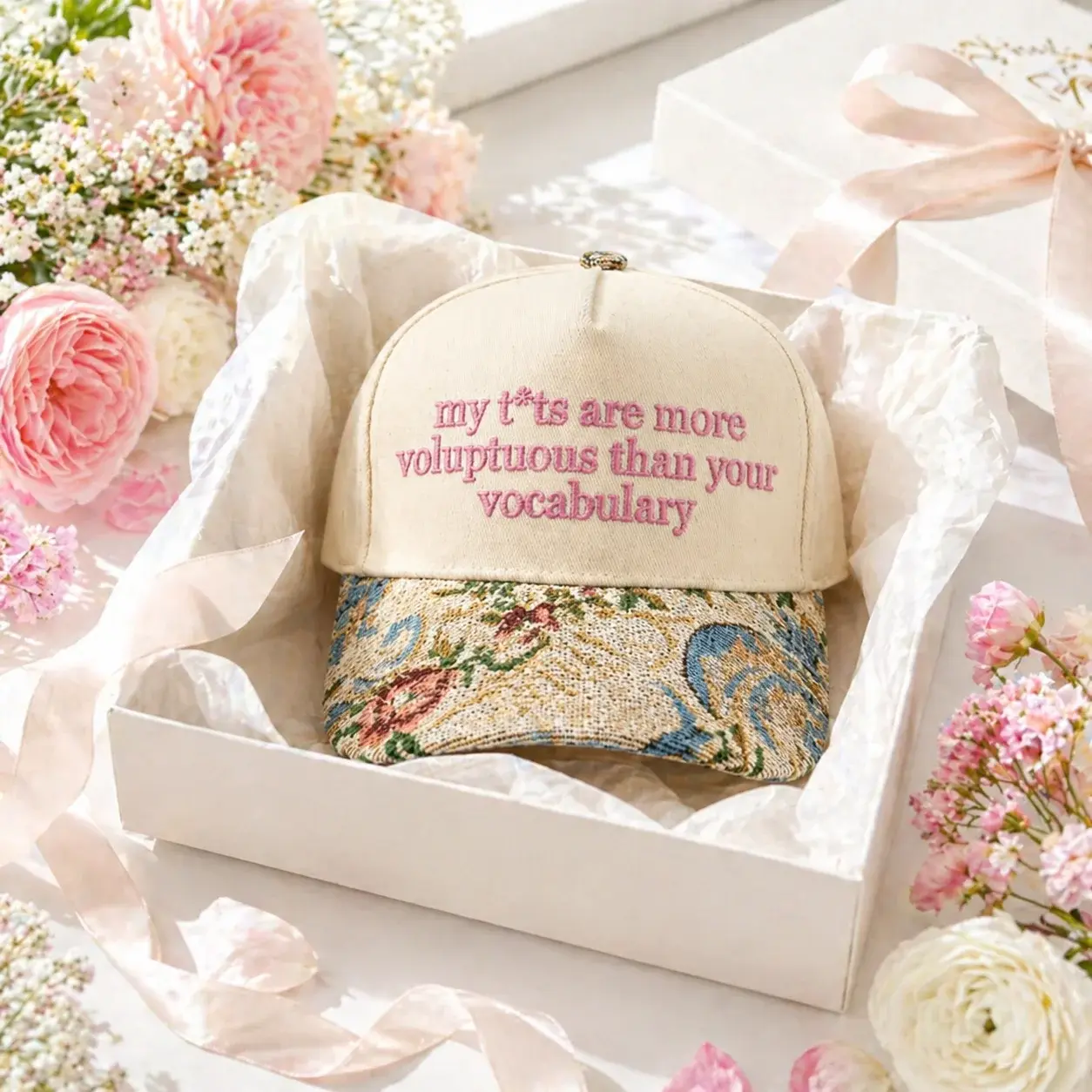 Funny Floral Brim Voluptuous Vocabulary Cap