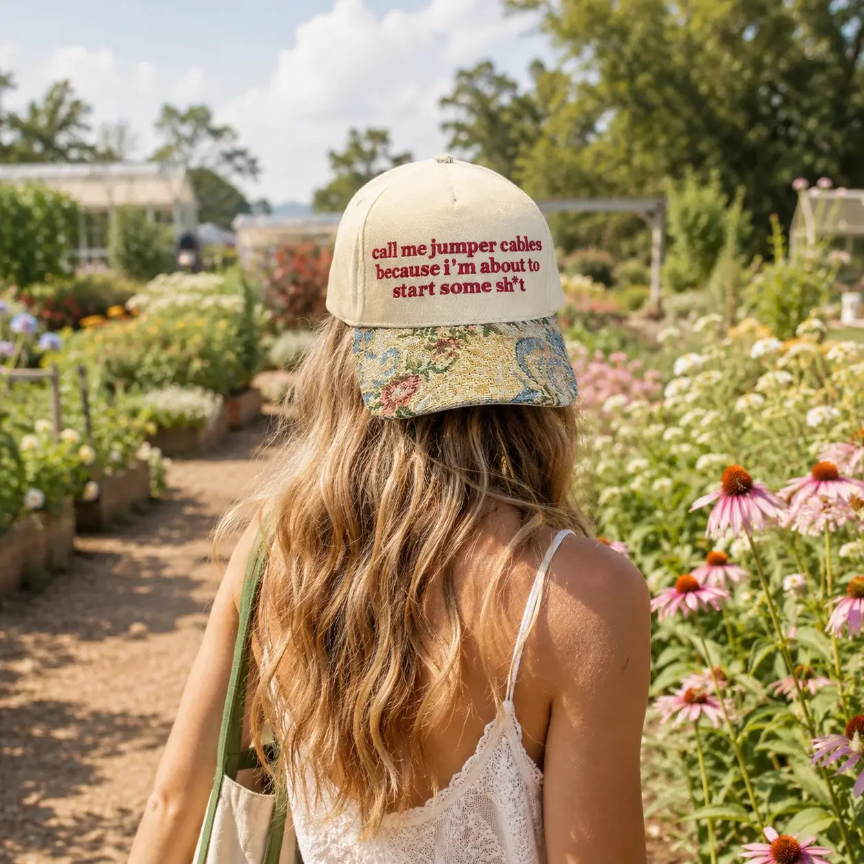 Call Me Jumper Cables Floral Embroidered Cap