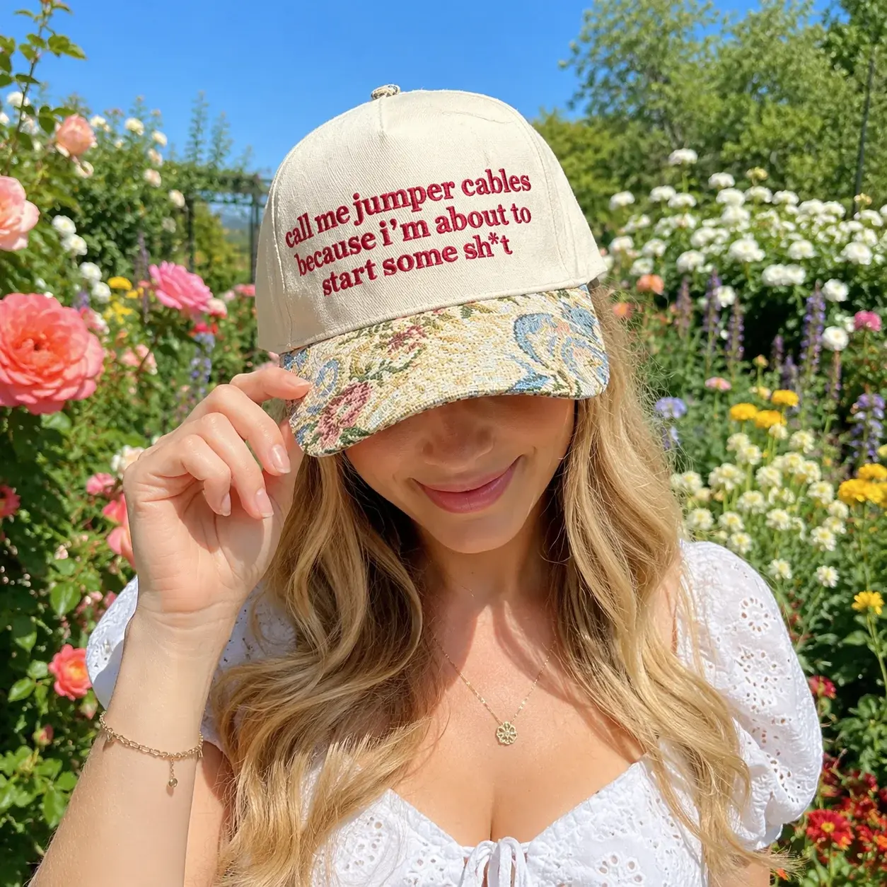 Call Me Jumper Cables Floral Embroidered Cap