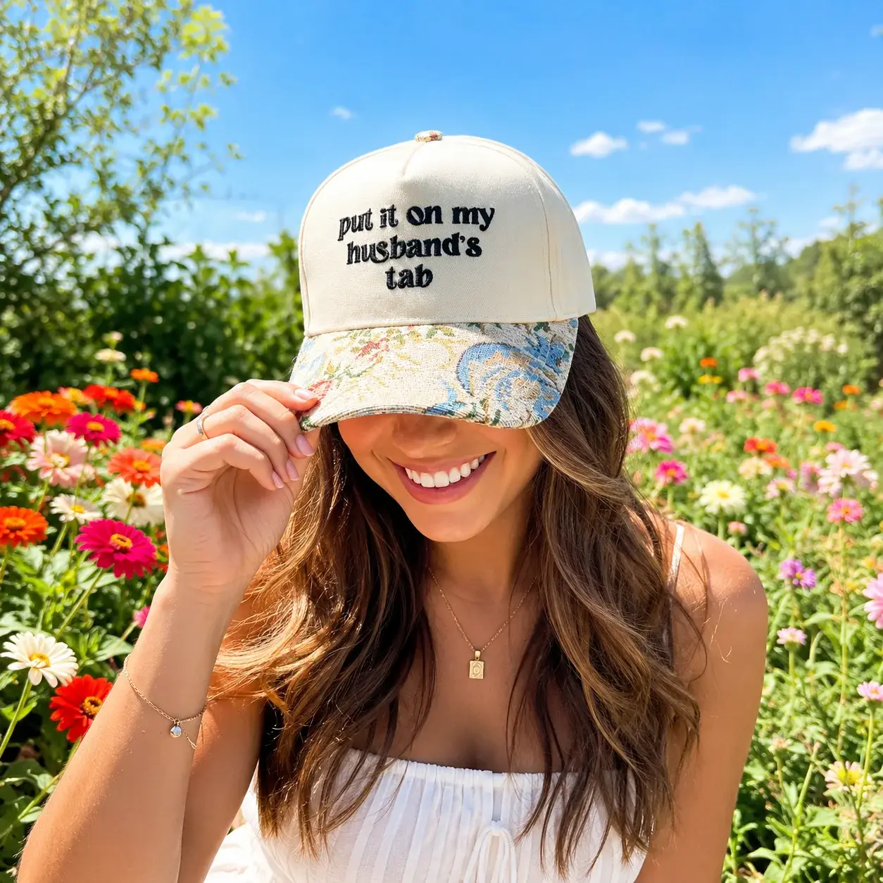 Put It On My Husband's Tab Floral Embroidered Cap