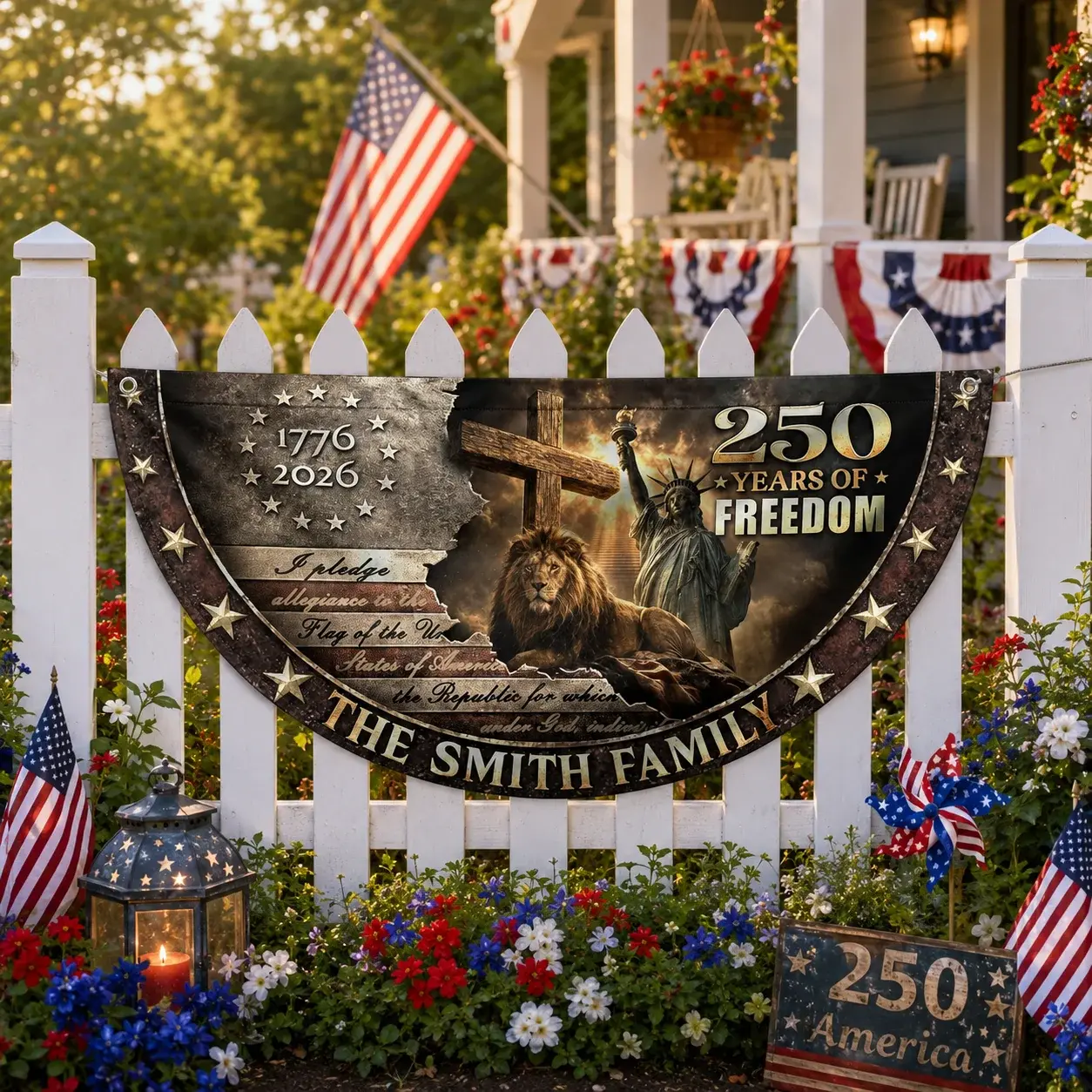 Custom Family Name Lion 250 Years of Freedom Semicircular Flag