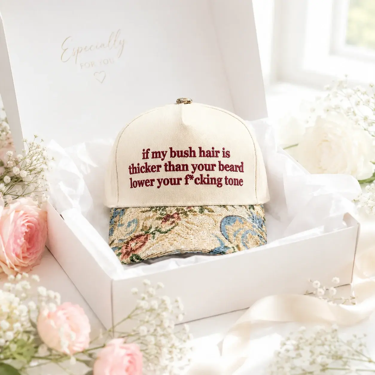 Floral Bush Hair Feminist Quote Cap