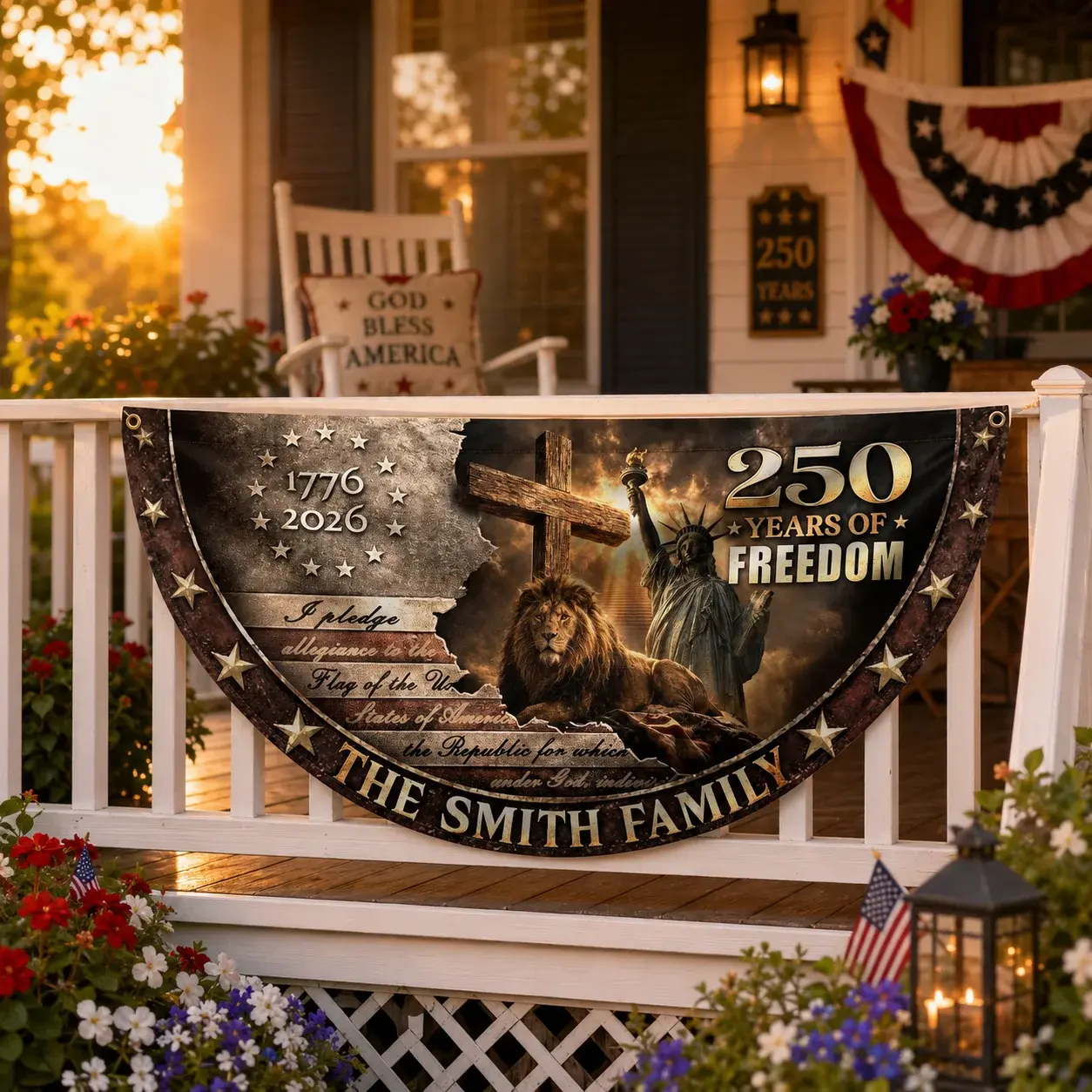 Custom Family Name Lion 250 Years of Freedom Semicircular Flag